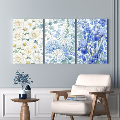 Ensemble de 3 tableaux sur toile à l'aquarelle représentant des roses, des marguerites et des fleurs bleues, pour la décoration du salon et de la chambre.