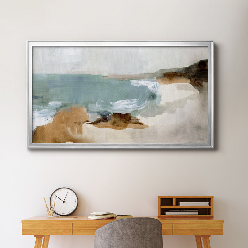 «Ocean Sigh IV» - peinture encadrée, H 14,5 po x l 26,5 po x P 1,5 po, Pas de tapis, Toile encadrée argentée