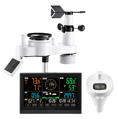 Station météo Wi-Fi 7-en-1 avec application, écran 7,5 po, capteur extérieur sans fil à énergie solaire, avec thermomètre de piscine, pluviomètre, intérieur extérieur pour les conditions météorologiques, vitesse du vent, température de la piscine