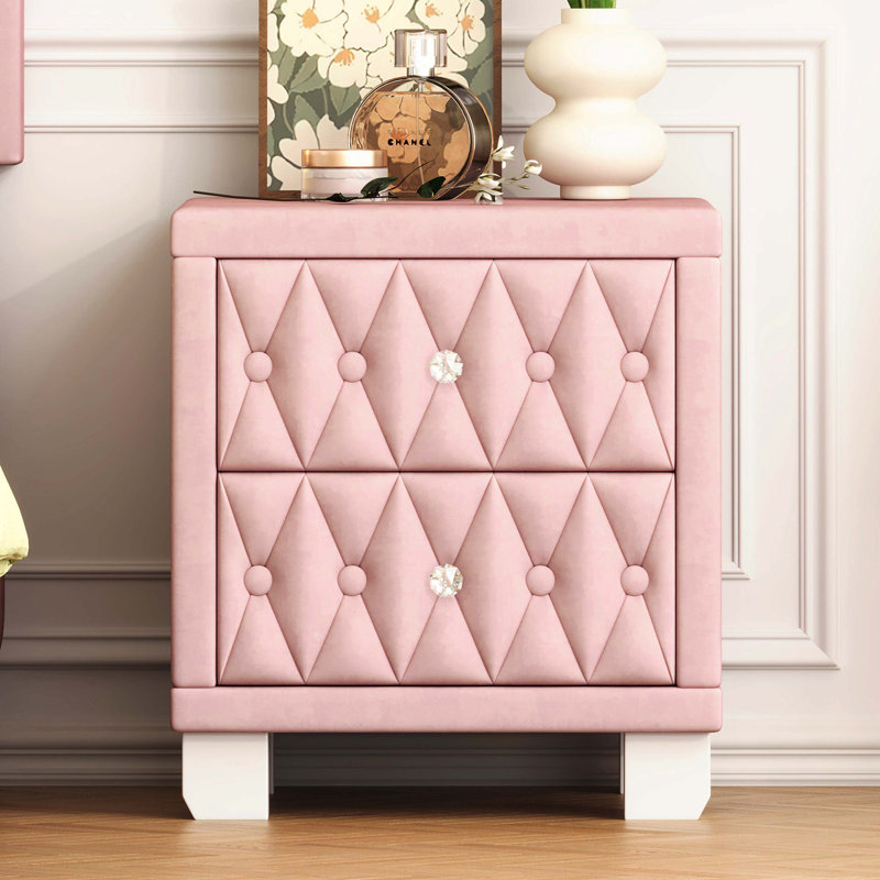 Élégante table de chevet en velours avec 2 tiroirs et poignée en cristal, table de chevet avec capitonnage, Rose