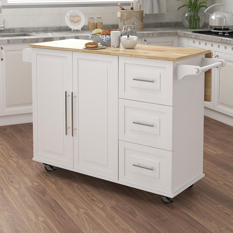 Îlot de cuisine avec support à épices, porte-serviettes et plateau de table en bois massif extensible - blanc