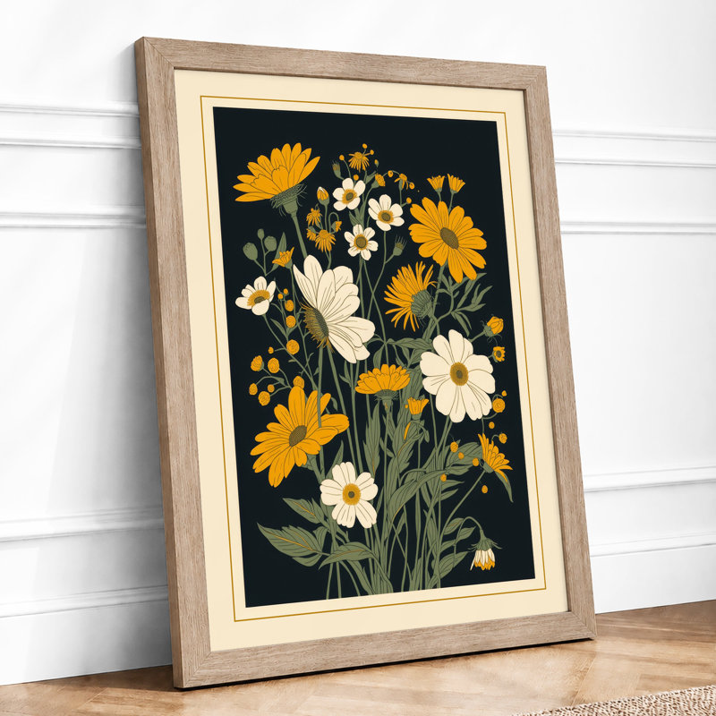 Yellow Blooms Study Botanical - Framed Print, A4 - 29.7 x 21.0 cm, Oak