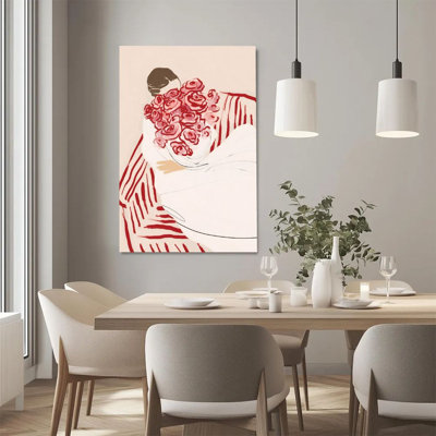 2D Flat, 1Pc Framed Canvas Wall Art, Bouquet of Roses, Female Silhouette, Abstract Expressionism Art Print Canvas Poster Painting Room Wall Decor, Ideal Gift For Bedroom Living Room Hallway Dorm, Ready To Hang