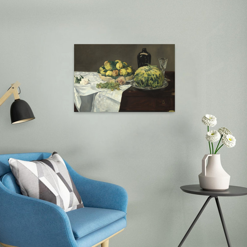 Nature morte au melon et aux pêches, vers 1866. Estampe d'art mural impressionniste abstraite contemporaine représentant des fleurs et des fruits.