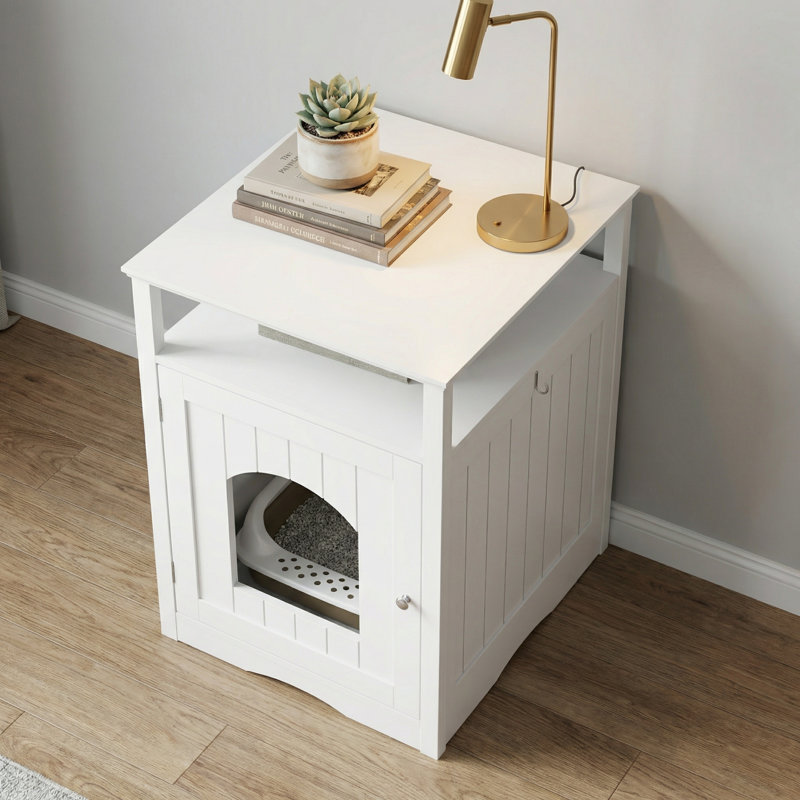 Meuble de litière moderne pour chat avec tablette de rangement et crochet latéral, armoire pour chat caché avec finition blanche pour le salon et la chambre à coucher