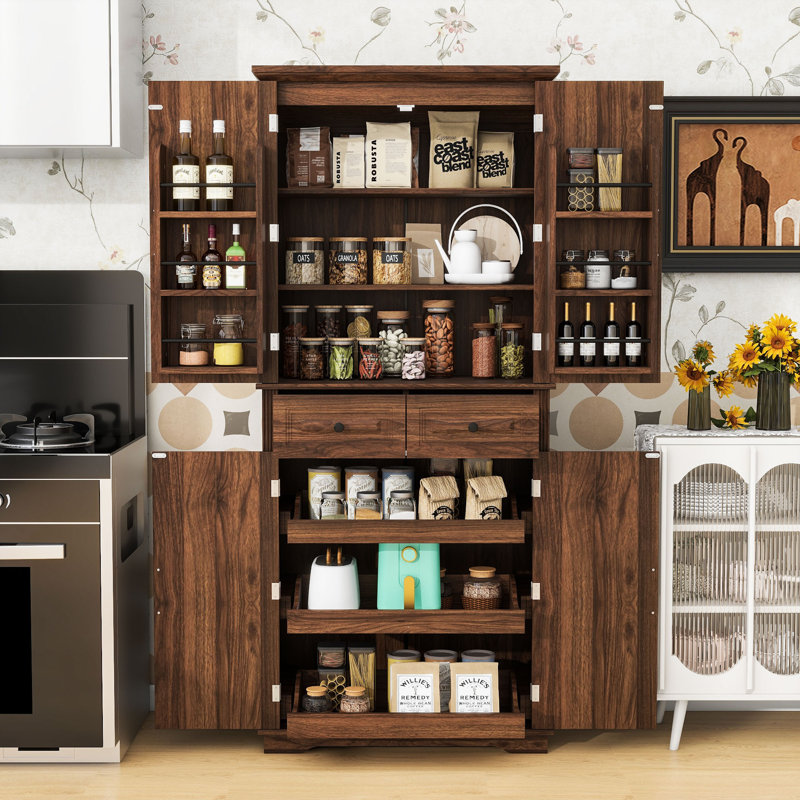 Armoire de cuisine avec 2 tiroirs, 6 tablettes de porte, 3 tablettes réglables et 3 tablettes coulissantes, Brun
