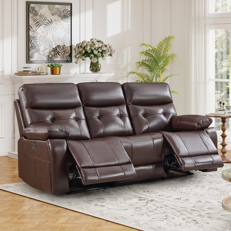Ensemble de salon 3 pièces inclinable électrique capitonné moderne - 2 fauteuils inclinables en cuir fleur + canapé 3 places avec porte-gobelet USB et porte-gobelet dissimulé
