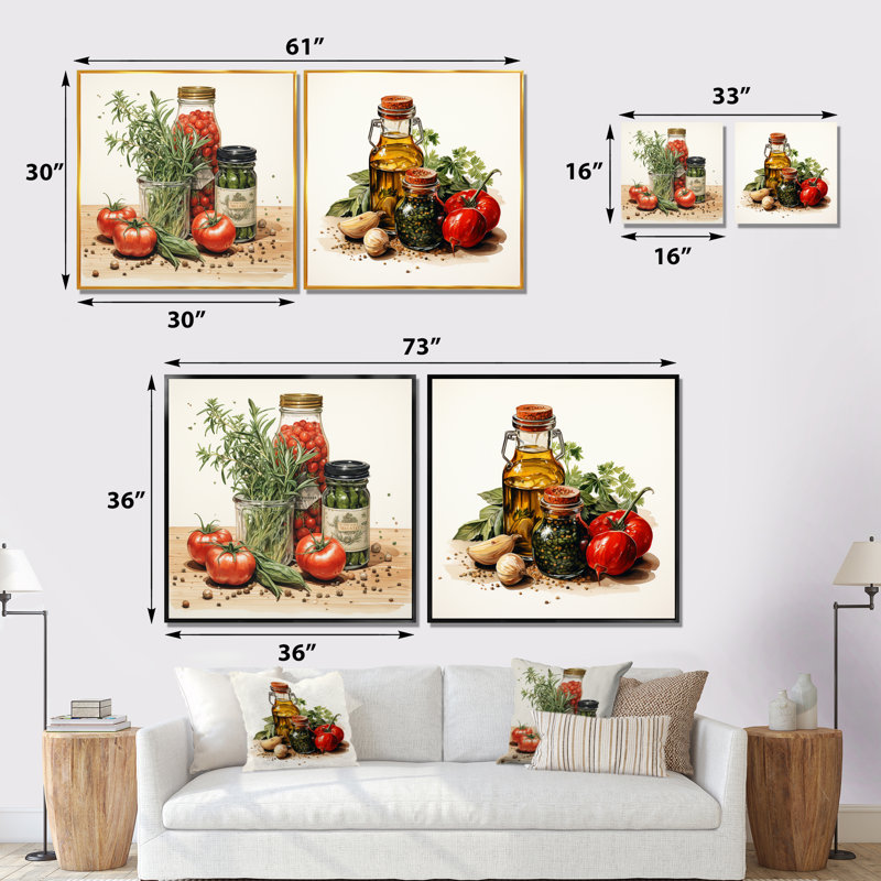 Ensemble de salon mural rouge et vert avec herbes parfumées I - Spices Wall Art, Toile tendue, H 16 po x l 33 po x P 1 po