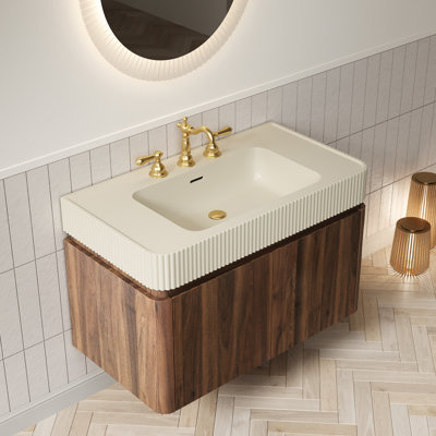 Meuble-lavabo suspendu GECO 36, lavabo intégré en surface solide beige crème avec 3 trous pré-percés pour robinetterie, démonté, robinetterie et bonde non inclus, couleur noyer.