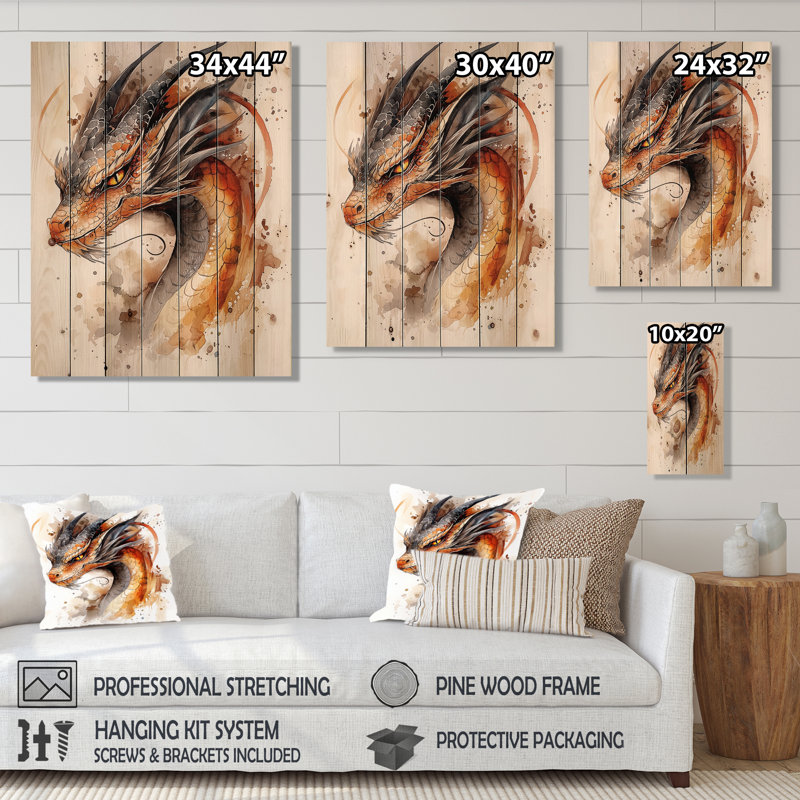 Fury Dragon Portrait II - Dragons, art mural sur bois de pin naturel, H 32 po x l 24 po