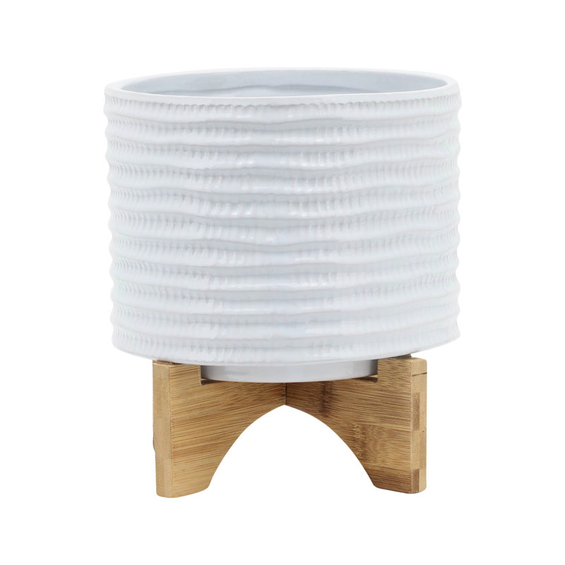 Jardinière en céramique polyvalente de 8 po avec support en blanc pour les terrariums de trous de drainage texturés pour le jardin et la piscine