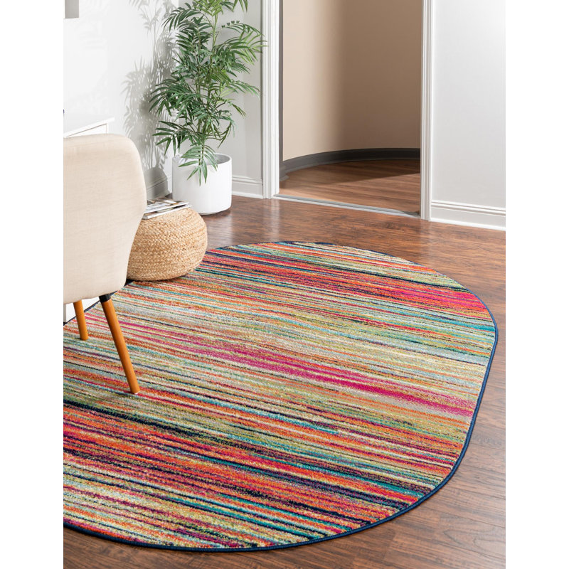Tapis rayé rose / orange / bleu Muehlebach, Ovale 5 pi 3 po x 8 pi