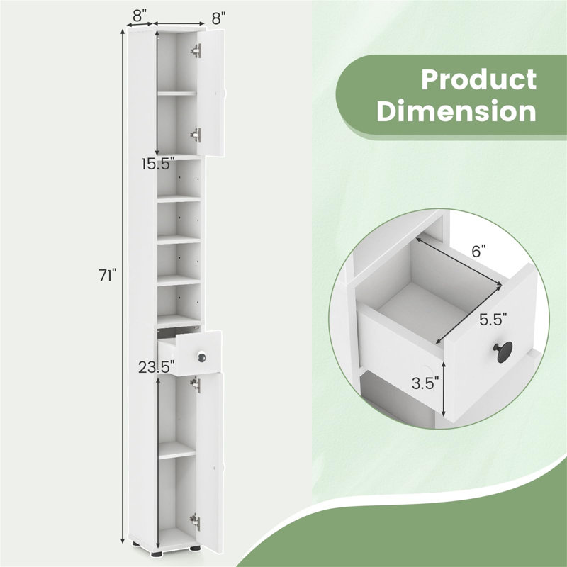 71" Tall Slim White Bathroom Storage Cabinet With 2 Doors, 1 Drawer & 5 Adjustable Shelves, White