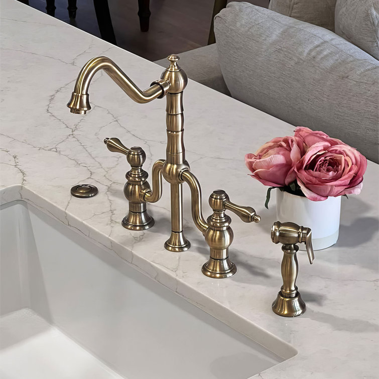 Bridge Faucet with Long Gooseneck Swivel Spout, Cross Handles and Solid  Brass Side Spray