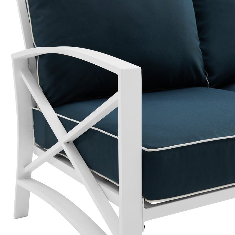 Canapé de patio avec coussins Marple, Blanc, Velours bleu marine