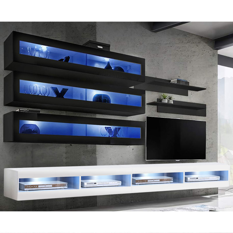 Catania 126" Modern Floating Wall Mounted Entertainment Center with 16-Color LED Lighting, High Gloss Finish, Black/White