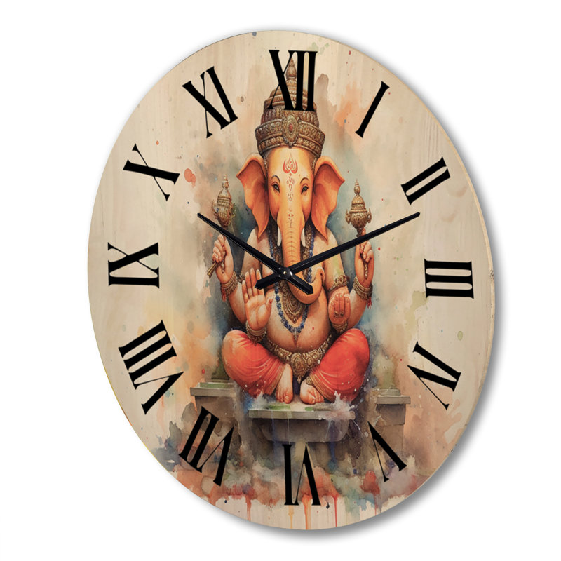 Horloge murale surdimensionnée en bois Vibrant Hinduisim Elephant II, Très grand
