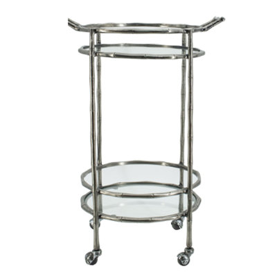2 Tier Rolling Bar Cart, Glass Shelves, 30 Inch Bamboo Design Silver Metal