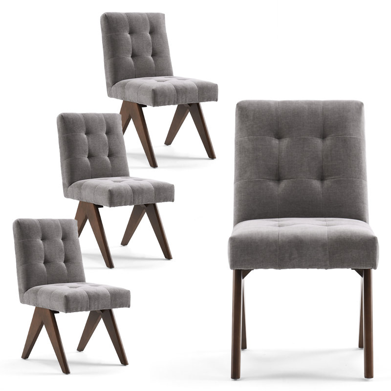 Turfed Linen Upholstered Dining Chair Armless Parsons Side Chair With Solid Wood Legs, Light Gray