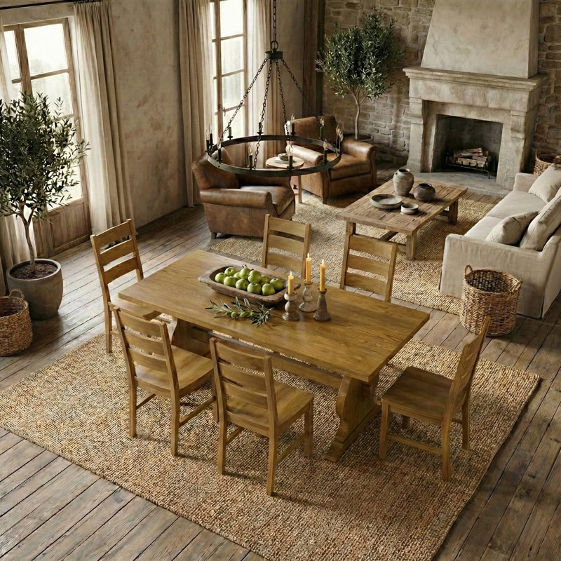 Almeda Traditional 70.8" Rectangular Dining Table Set, 7 Pieces: Table, 6 Chairs, Light Yellow Wood