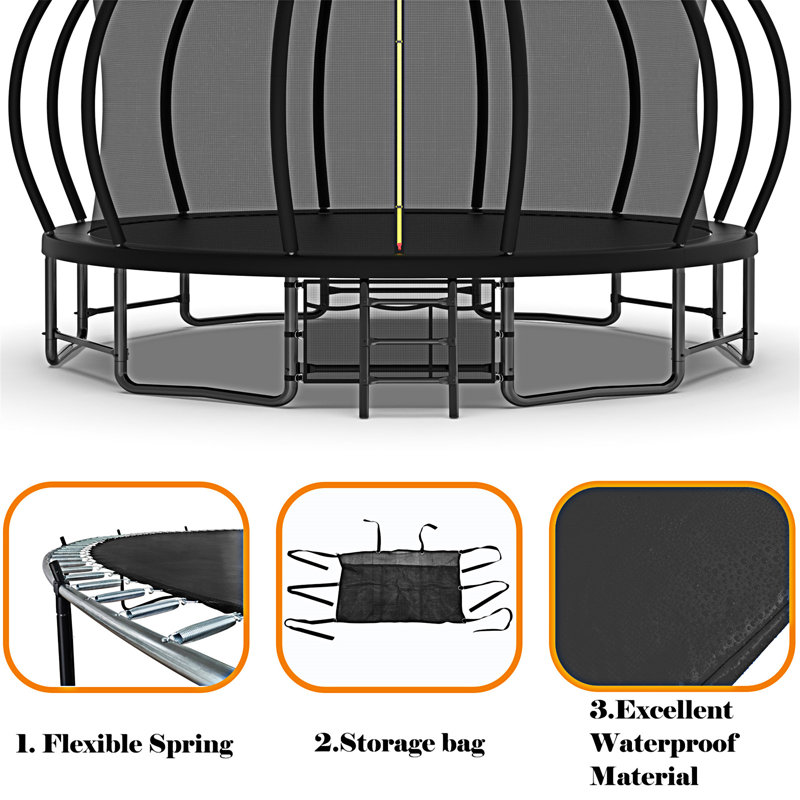 16FT Black Steel Trampoline with Safety Net and Basketball Hoop