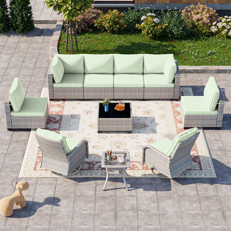 10-Piece Patio Furniture Set, Outdoor Patio Furniture with Swivel Chairs Set, Thick Cushions, Modular Patio Sofa, Dual-Strand Wicker Rattan, Rust-Resistant Frame,