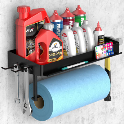 Porte-essuie-tout Garage avec tablette, fixation murale (noire) pour rouleaux de 12 po, conception à déchirure à une main, fer robuste, support pour téléphones / tablettes, comprend 2 crochets détachables, pour le garage, la salle d'outils