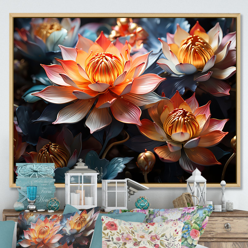 " Elegance In Lotus Blooms I ", Natural Floater Framed, 24" H x 32" W x 1" D