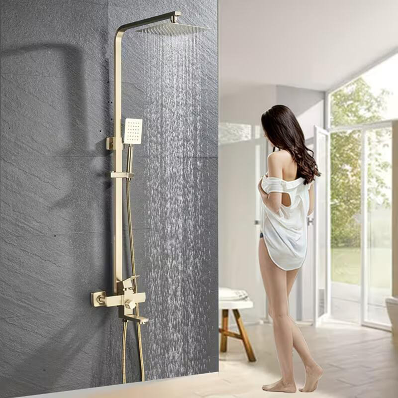 Brushed Gold Exposed Bathroom Shower Mixer Twin Head Bar Set Square Valve Shower System