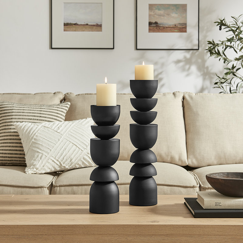 Porte-bougie en métal noir empilé sculpté - ensemble de 2