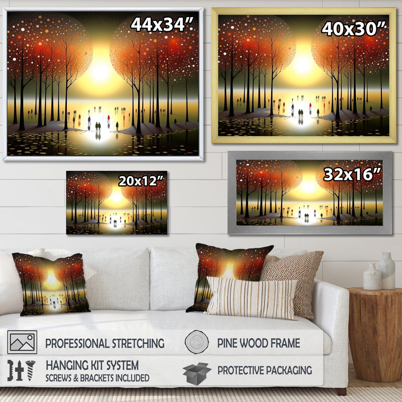 Mysterious Asian Autumn Forest Full Moon sur impression sur toile, H 30 po x l 40 po, Cadre flottant doré