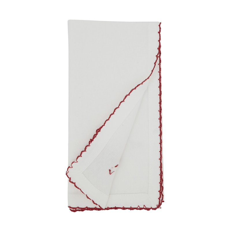 Whimsical White Cotton Candy Cane Napkin Set with Red Stitching