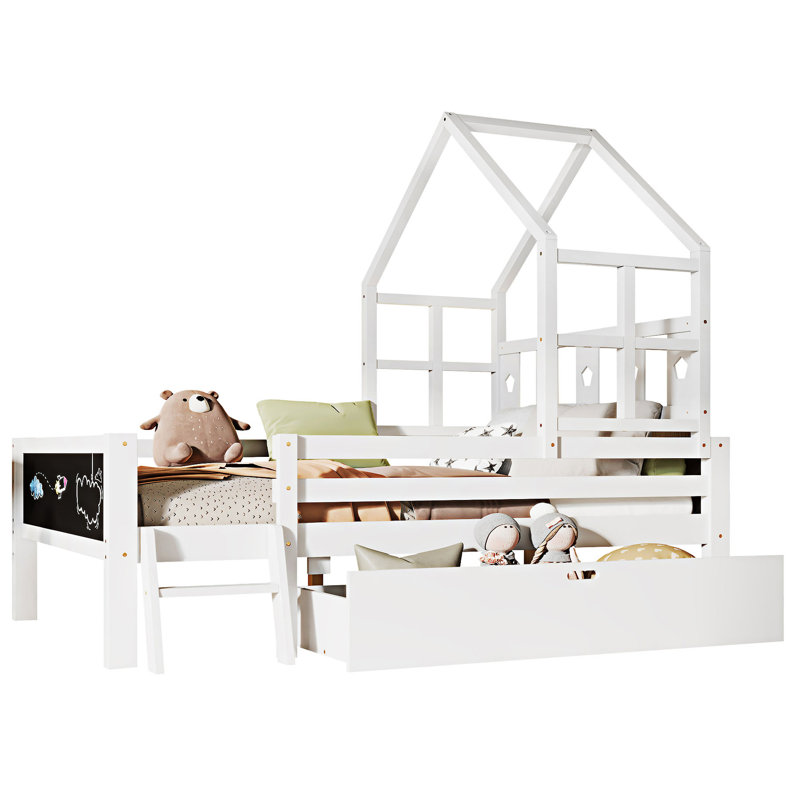 Lit maison avec échelle et tiroirs de rangement, Double