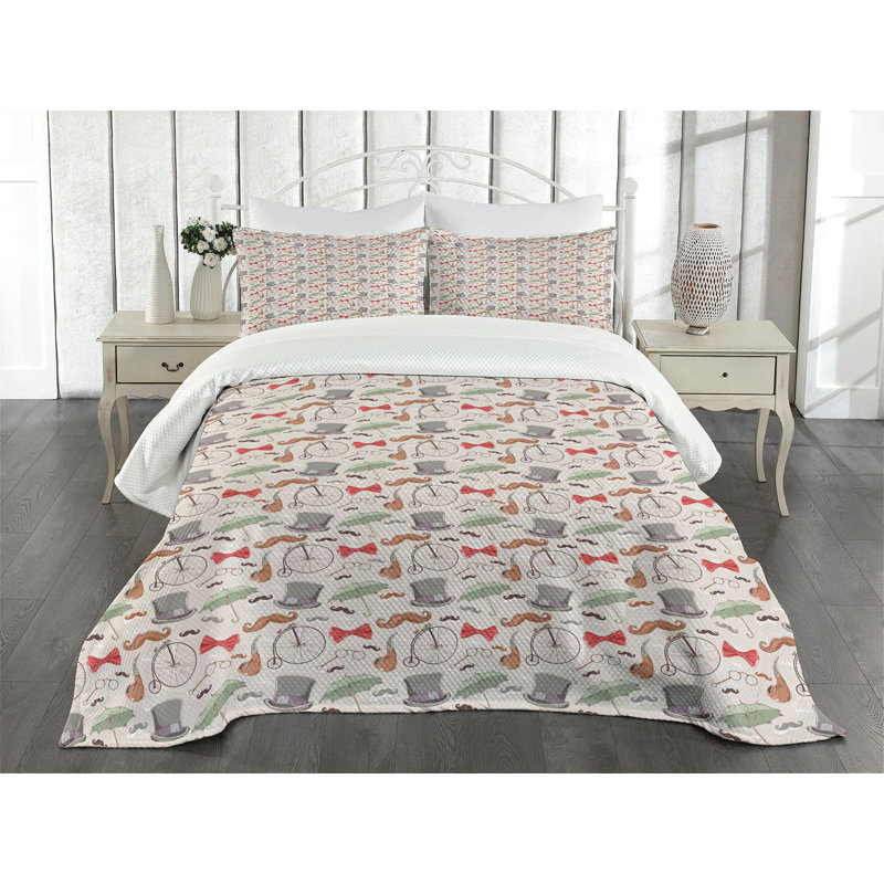 Ambesonne Bicycle Bedspread Set  40s High Wheels  Multicolor, King Coverlet / Bedspread + 2 Standard Shams