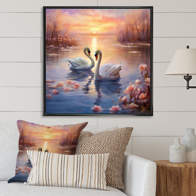 " Two White Swans Romantic Sunset I ", 24" H x 24" W, Black Floater Framed