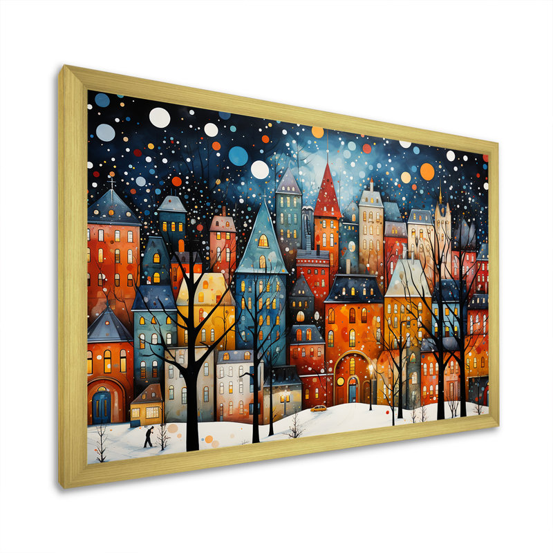 Orange orange Village Art déco - Art mural déco ville, Cadre doré à coins fermés, H 12 po x l 20 po x P 1 po