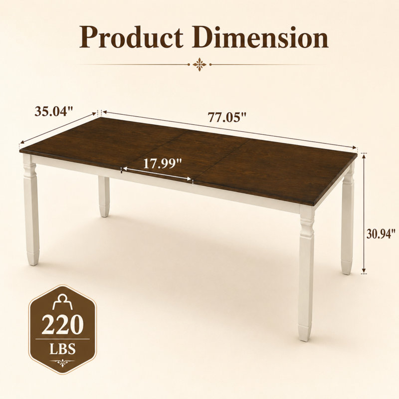Table de salle à manger extensible Vonnie 59"-77" pour 4 à 6 personnes, table de cuisine rectangulaire en placage de chêne avec pieds en hévéa massif, style ferme moderne