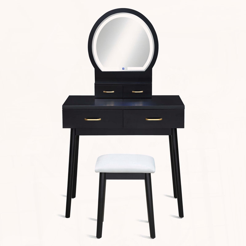 Table de coiffeuse avec miroir à DEL et accents dorés, Noir