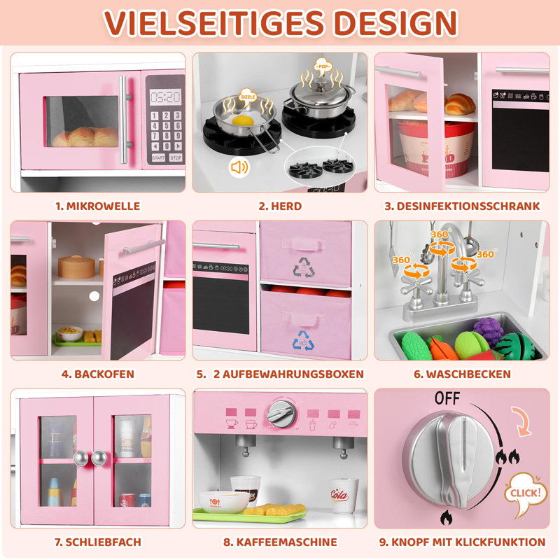 Children's Wooden Play Kitchen With Light And Sound, Doll's Kitchen Wood For Children, 90 X 30 X 90 Cm, With Kitchen Accessories And 2 Pieces Storage Boxes, Toy For Children From 3 Years