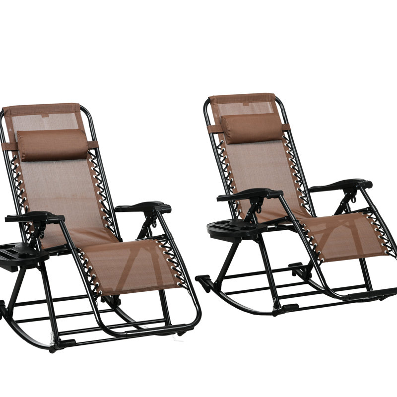 2 chaises berçantes d'extérieur, chaise berçante pliable à gravité zéro avec coussin, porte-gobelet et téléphone, brun. Fabrication robuste en métal, composant de tissu respirant. Étapes d'assemblage instantané 2 sièges, inclinable