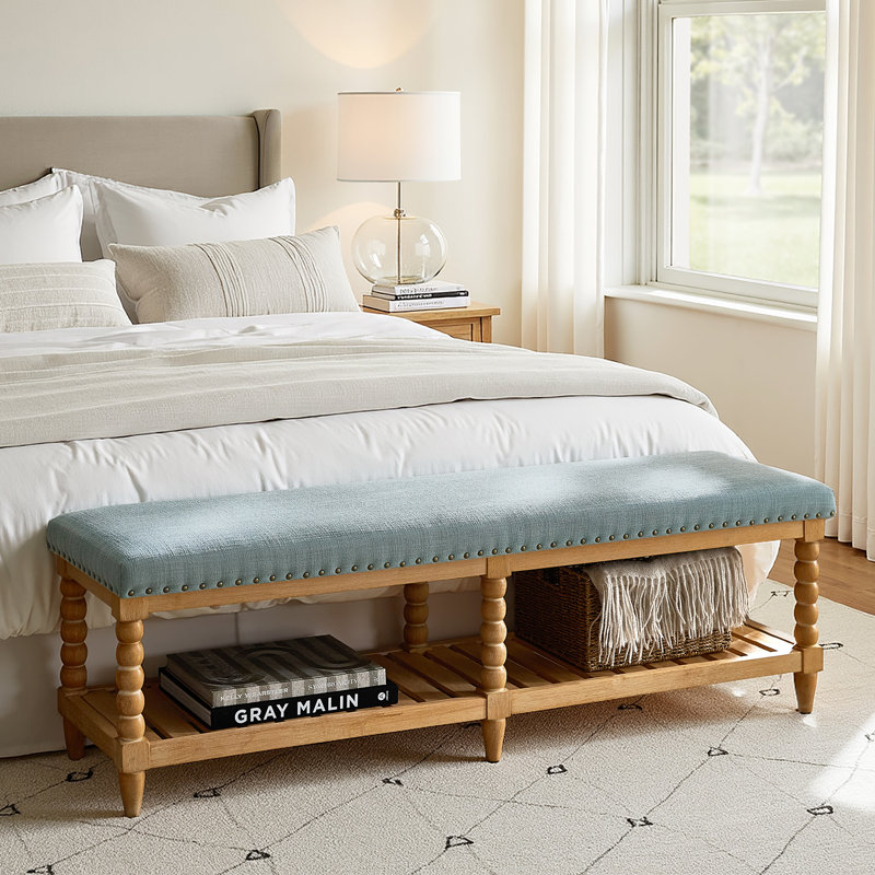 Delfina 58"W Farmhouse Solid Wood Open Storage Bench with Nailhead Trim, Blue
