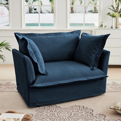 Fauteuil en chenille bleu avec coussin et coussins à haut dossier, fauteuil à siège profond en tissu confortable, couleur, 1 gros coussins
