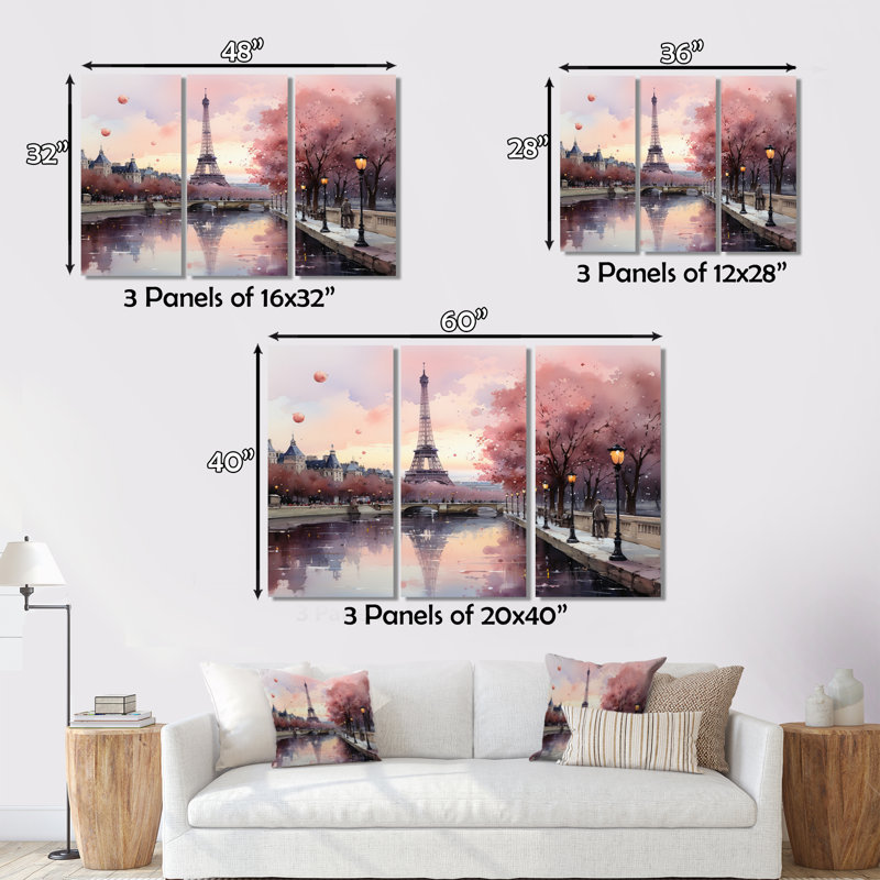 «Pink Twilight Rendezvous In Paris II», reproduction sur toile 3 pièces, H 28 po x l 36 po