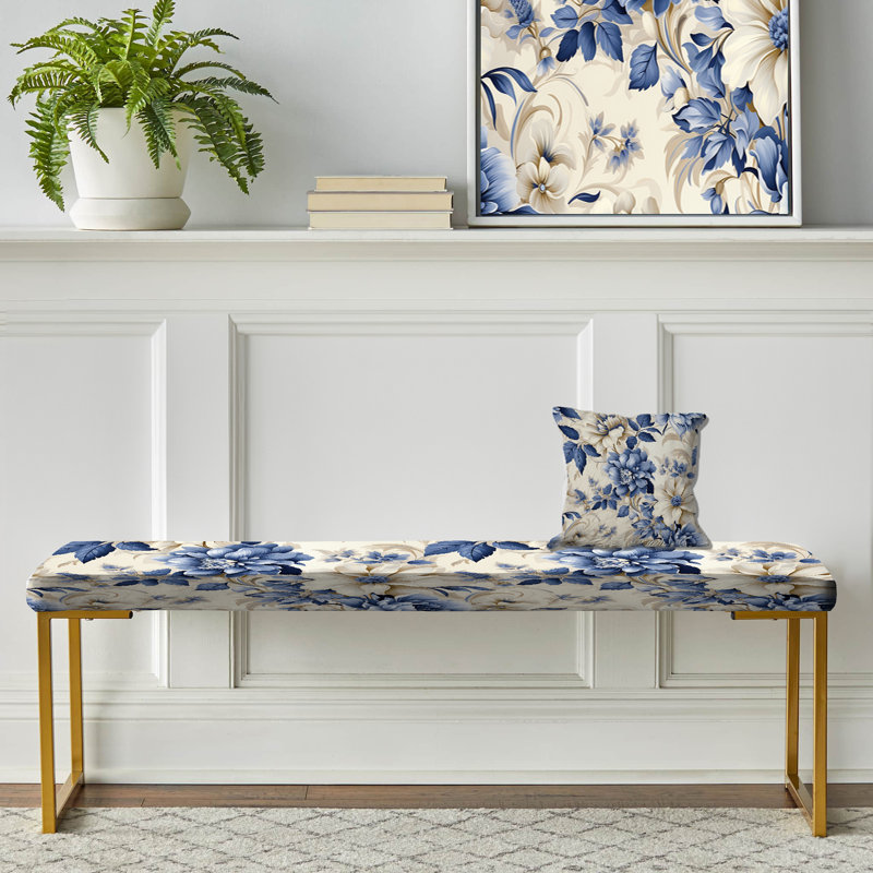 Banc rembourré damassé doré, Fleurs victoriennes bleues et blanches damassées 