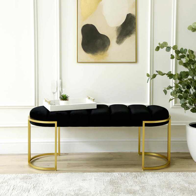 Adalya Velvet Tufted Bench  for Bedroom Furniture, Modern Accent Bench with Iron Metal Legs, Black, Gold