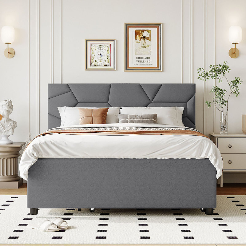 Lit plateforme tapissier avec tête de lit à motif de brique avec lit gigogne et tissu en lin à 2 tiroirs, Beige