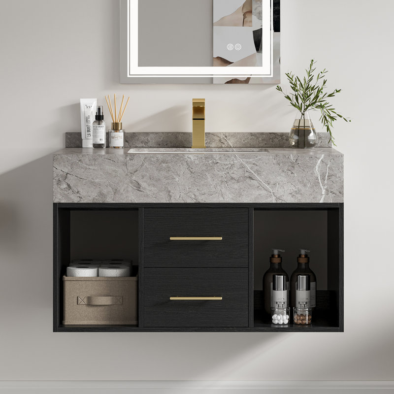 Chiverton Bathroom Vanity Set 35.4" Modern Floating Wall-Mounted Vanity with Sintered Stone Undermount Sink, Black/Gold, Grey