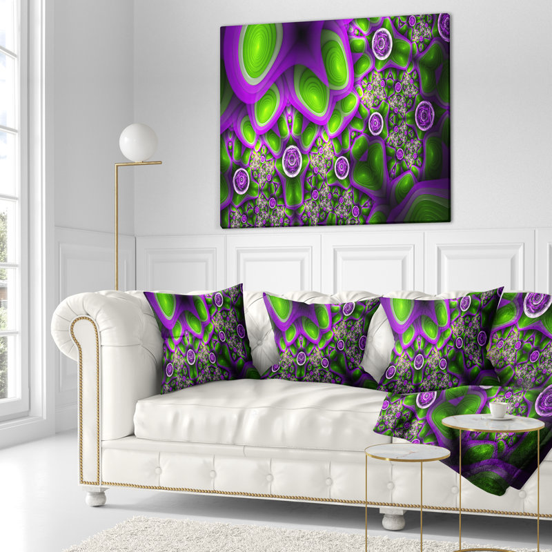 Motif exotique - Coussin imprimé abstrait, Coussin décoratif, Vert / Mauve, 18 po x 18 po