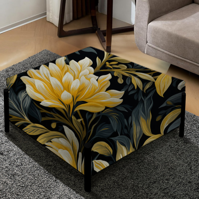Motif floral jaune et bleu - grand repose-pieds carré tropical