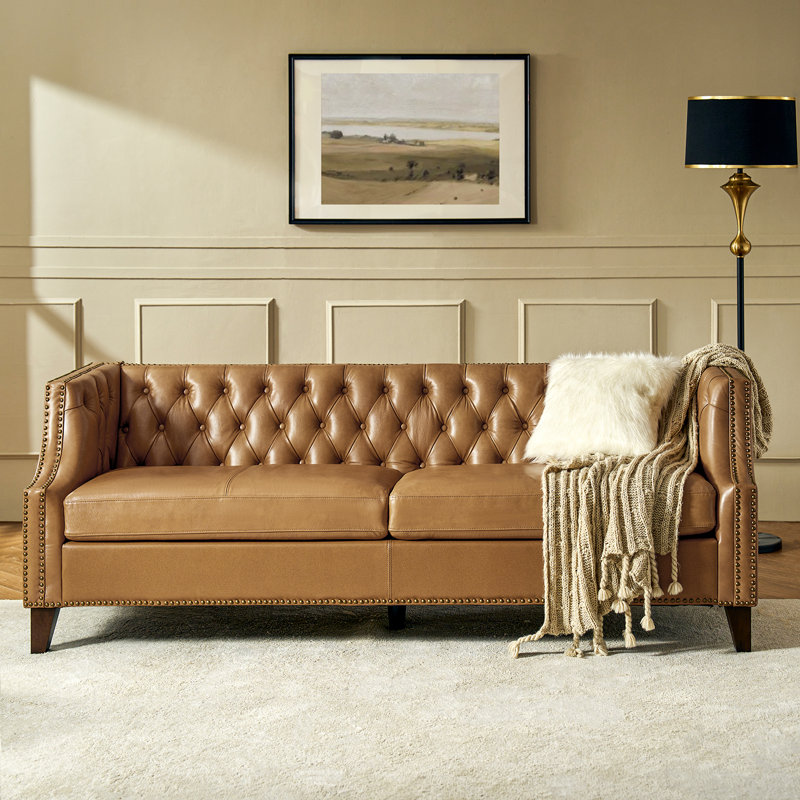 Theotis 84"W Chesterfield Button-Tufting Genuine Leather Sofa with Solid Wood Legs, Camel